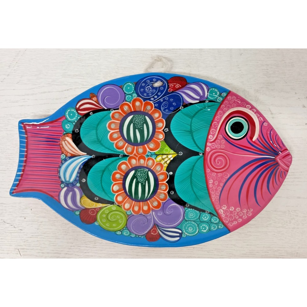 Vintage Talavera Mexican Pottery Floral Hand Painted Wall Hanging Fish Plate